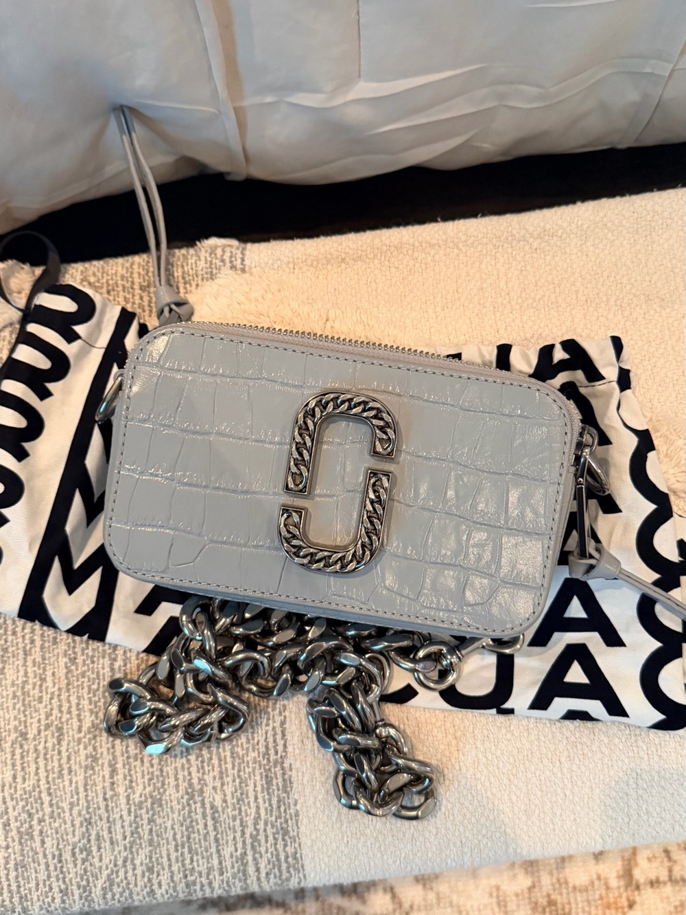 Marc Jacobs Light Gray Croc-Embossed Crossbody with Chain Logo